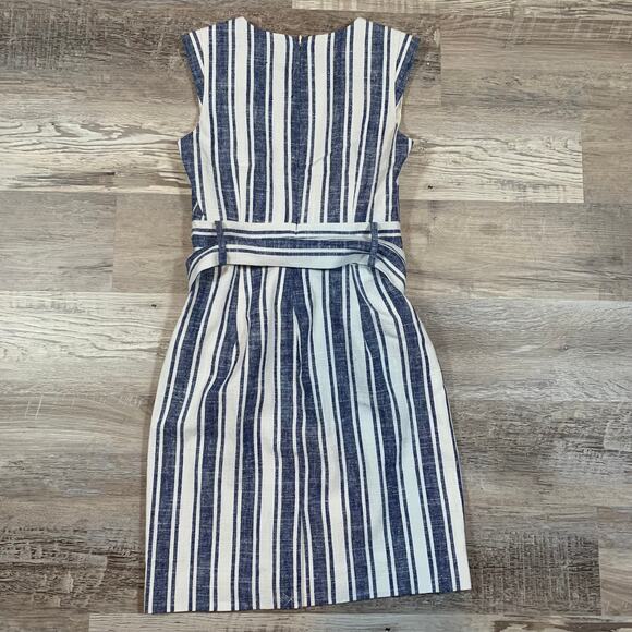 NWT J.Crew Blue White Stripe Tie Waist Sheath Dress Size 00 Linen Blend - Picture 4 of 7